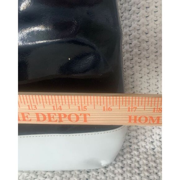 Lands End Patent Leather Mod Tote Bag Black w/White Snap Close Top Cotton Lining - Picture 13 of 16